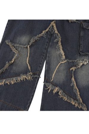 Style Core Aesthetics, New Style Trends Star Pattern Frayed Patchwork Jeans