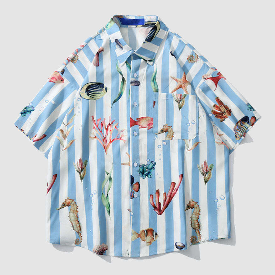 Style Core Aesthetics, New Style Trends Striped Fish Print Summer Shirt