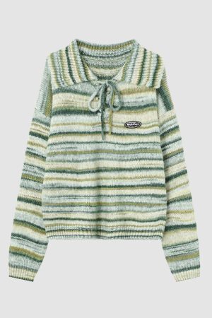 Style Core Aesthetics, New Style Trends Striped Lace Up Collared Sweater