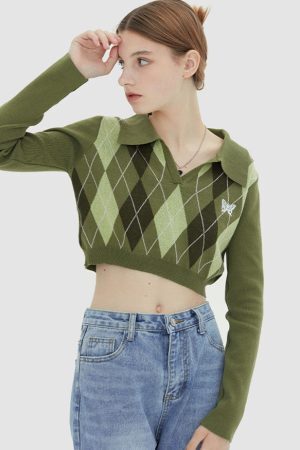 Style Core Aesthetics, New Style Trends Turndown Collar Butterfly Embroidery Cropped Sweater