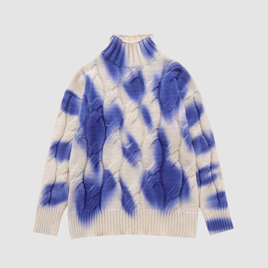 Style Core Aesthetics, New Style Trends Turtleneck Tie-Dye Print Cable Knit Sweater