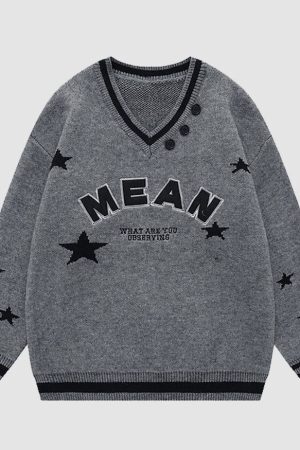 Style Core Aesthetics, New Style Trends V Neck Button Decor Star Pattern Sweater