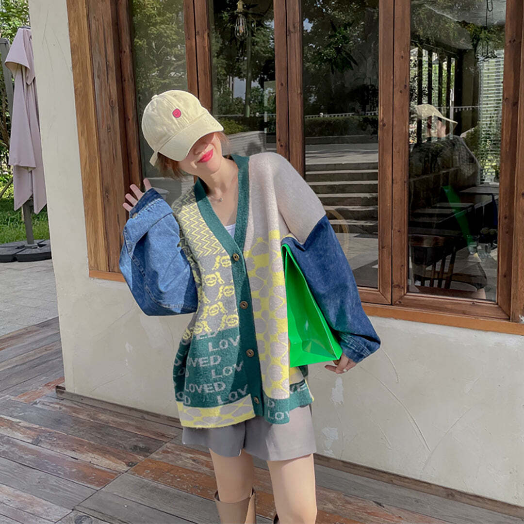 Style Core Aesthetics, New Style Trends Vintage Patchwork Denim Cardigan Sweater