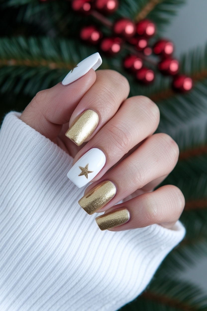 White and Gold Christmas Nails for Elegant Style outfit idea